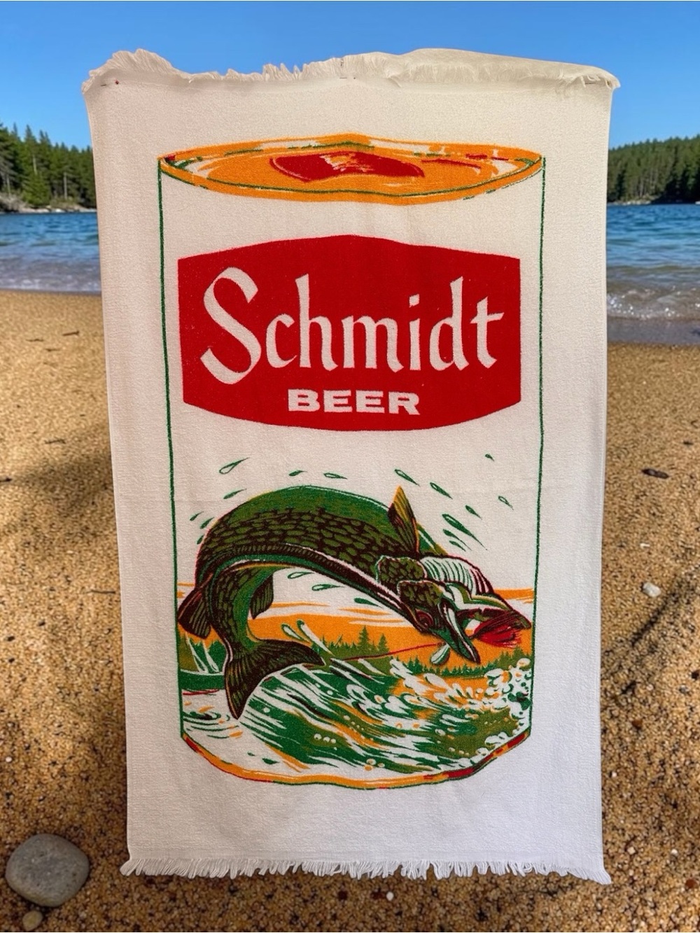 Vintage Schmidt Beer Beach Towel with Muskie Fish Design
